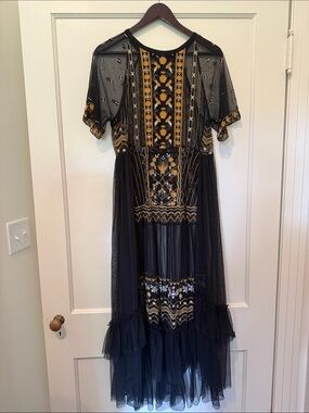 Free People Black Maxi Dress with Gold Embroidered Bodice